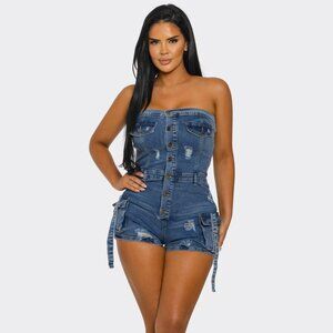 Tube Top Vintage Stretch Denim Cargo Short Romper button sexy denim color New